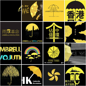 Screenshot from Kacey Wong’s Facebook Album ‘Umbrella Movement Logo Competition’, a constantly updated online folder of designs and images, open source for ‘everyone to use in the next revolution’. The top three prizes are JUSTICE, DEOMCRACY and FREEDOM.